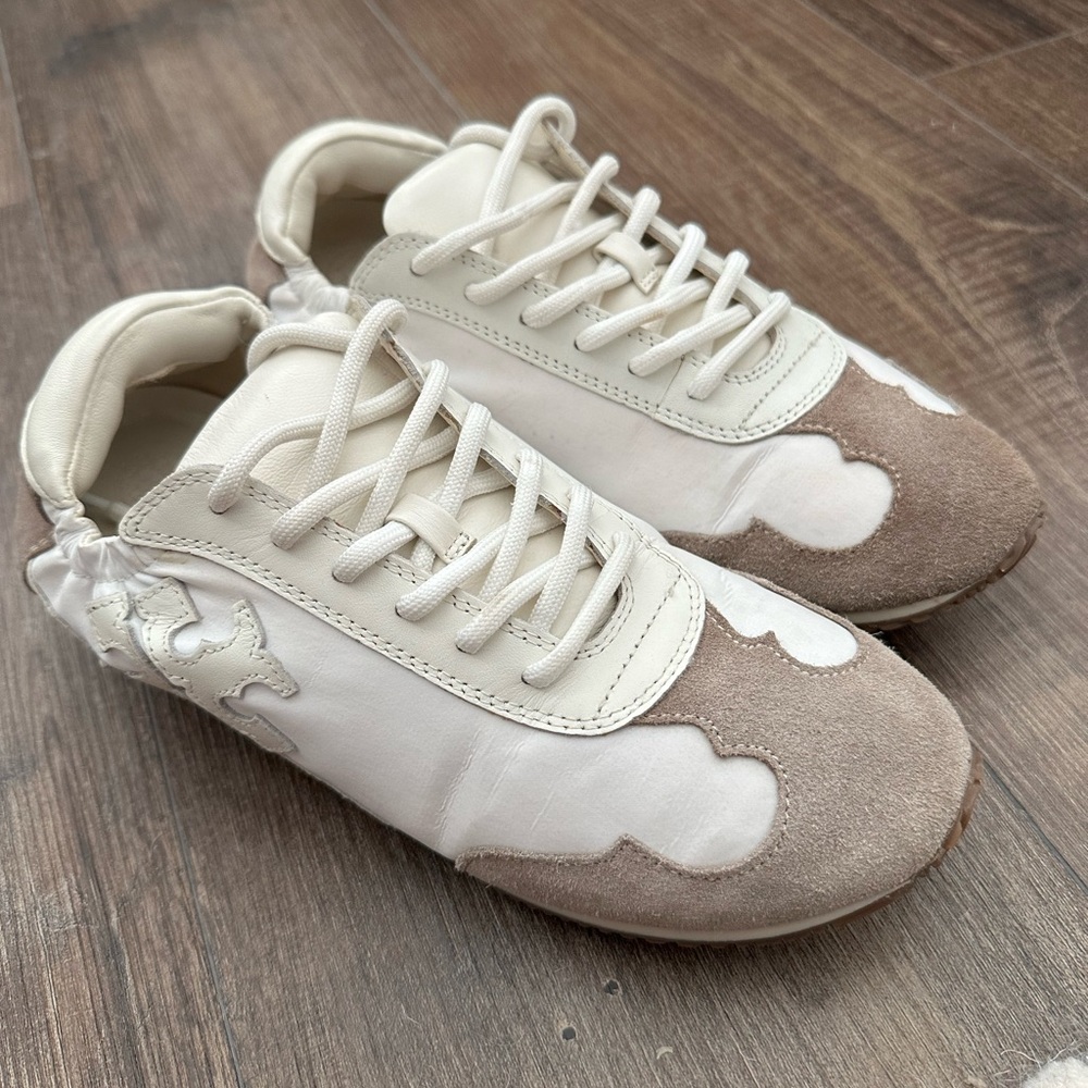 Tory Burch Cream and Taupe Leather & Suede Sneakers